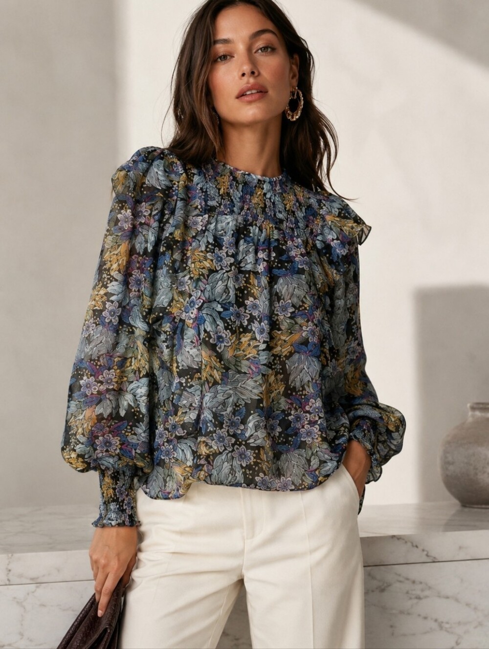 CINQ A SEPT Harriet Floral Smocked Yoke Top Blouse Ruffles Small - Picture 10 of 10